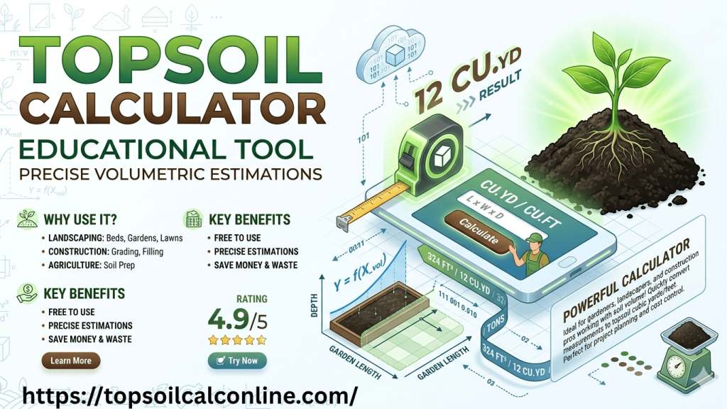 Topsoil calculator infographic for cubic yard measurement, showing coverage, area, and volume. Includes weight and quantity data to find exact yardage for landscaping projects.